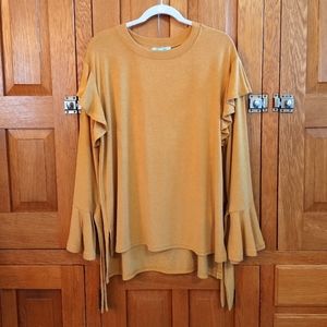 She + Sky mustard yellow ruffled long sleeve jersey knit top